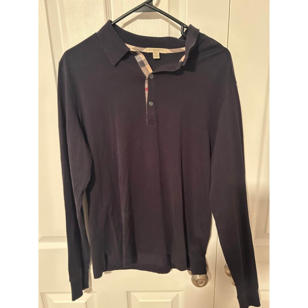 Burberry Brit Long Sleeve Polo Shirt Men's M Gray Nova Check Collar